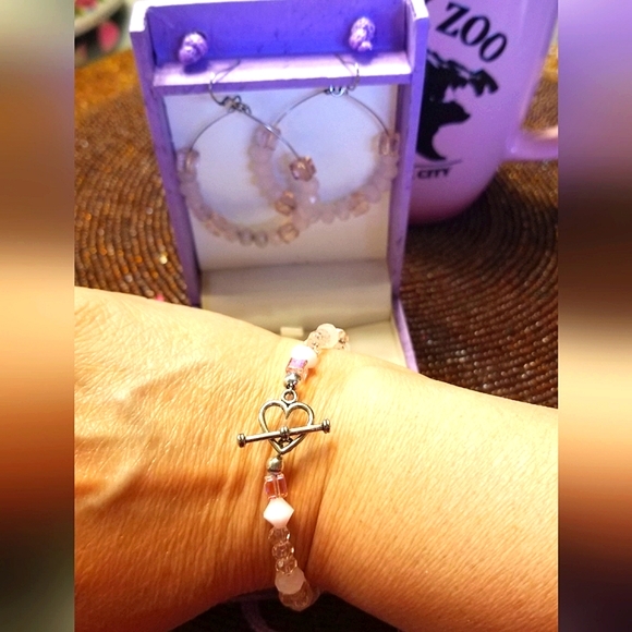 Swarovski Crystal Hand-Made Pink Earring Hoops/ Bracelet Sterling Set - Picture 5 of 9